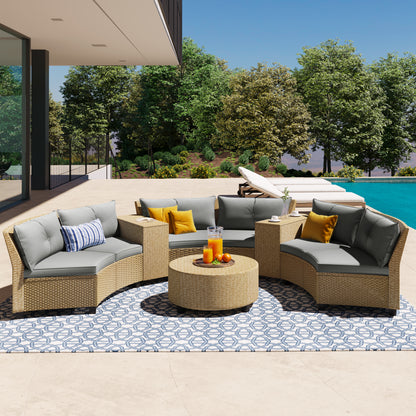 Hester 8 Pc Outdoor Rattan Wicker Half-Moon Sectional Sofa Set - Gray