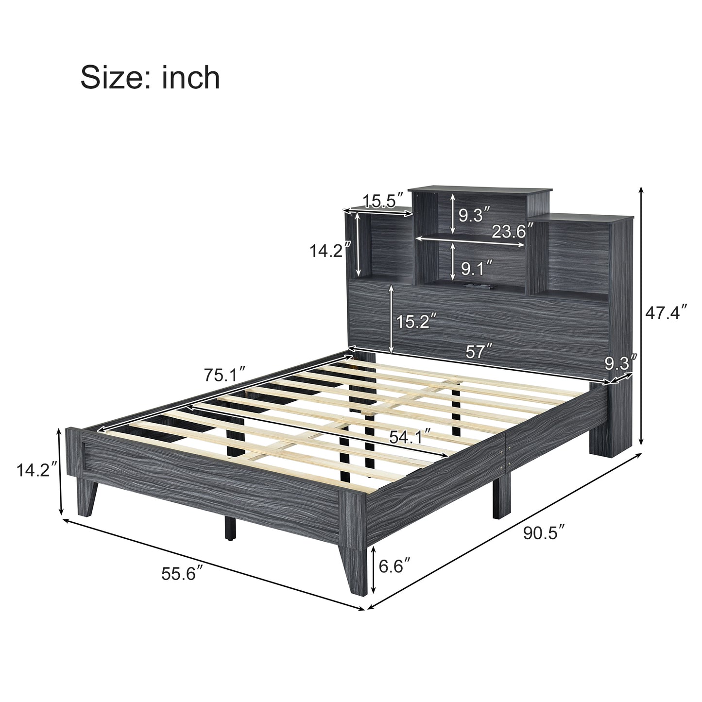 Taz Full Size Platform Bed Frame with 4 Open Storage Shelves - Gray