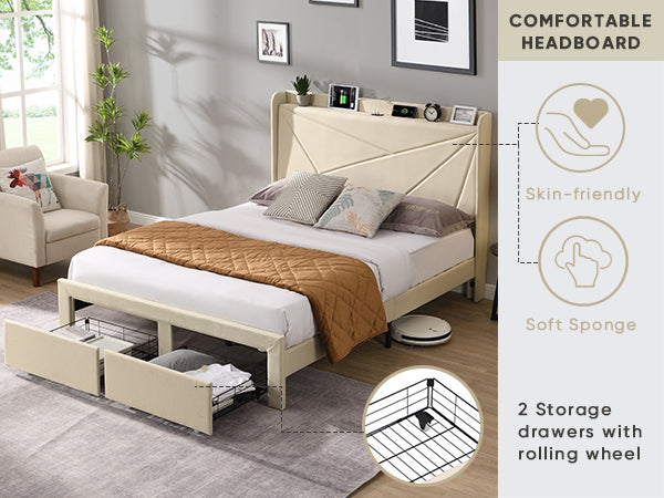 Craven Queen Size Bed Frame with 2 Storage Drawers - Beige