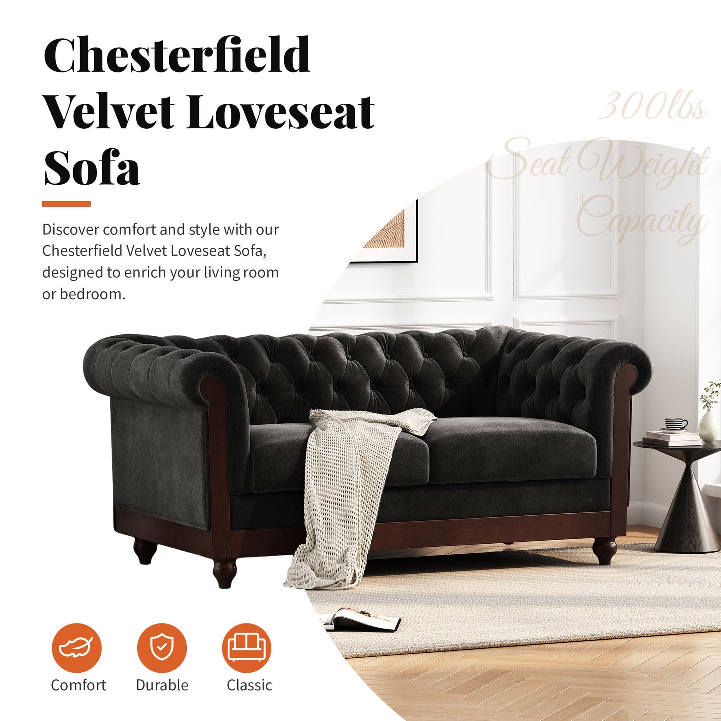 Vivalux Velvet Loveseat Sofa - Black