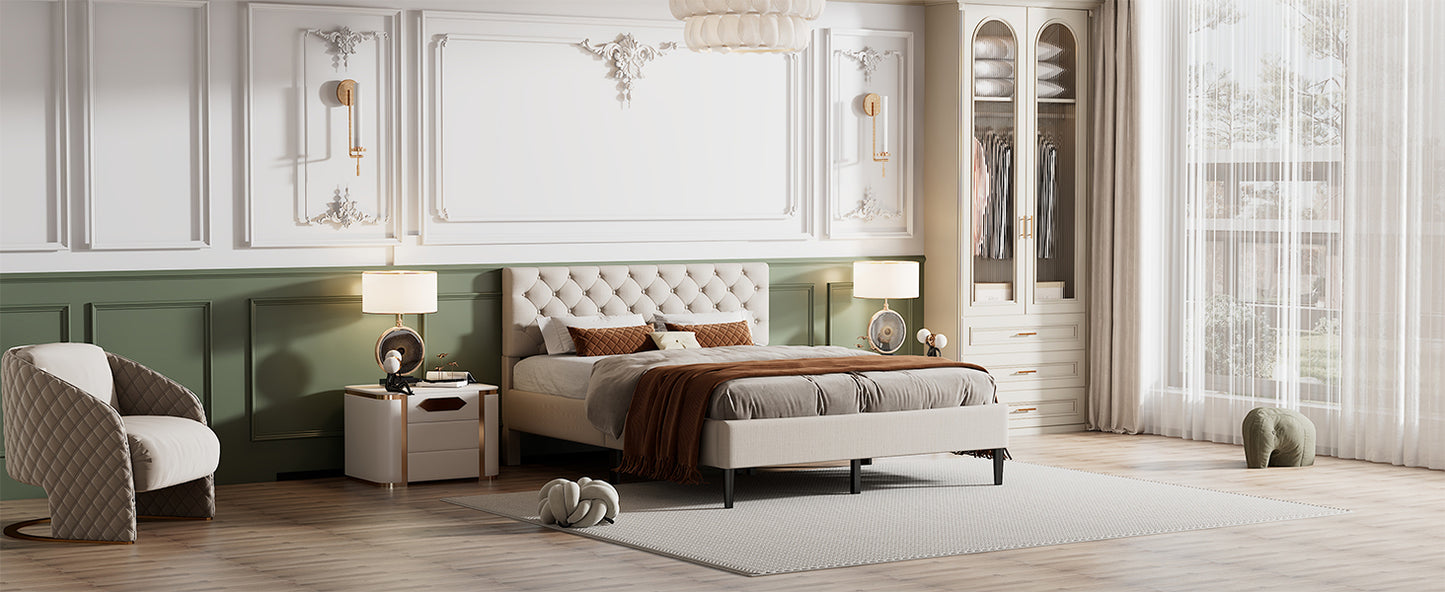 Ukin Queen Size Upholstered Linen Platform Bed - Beige