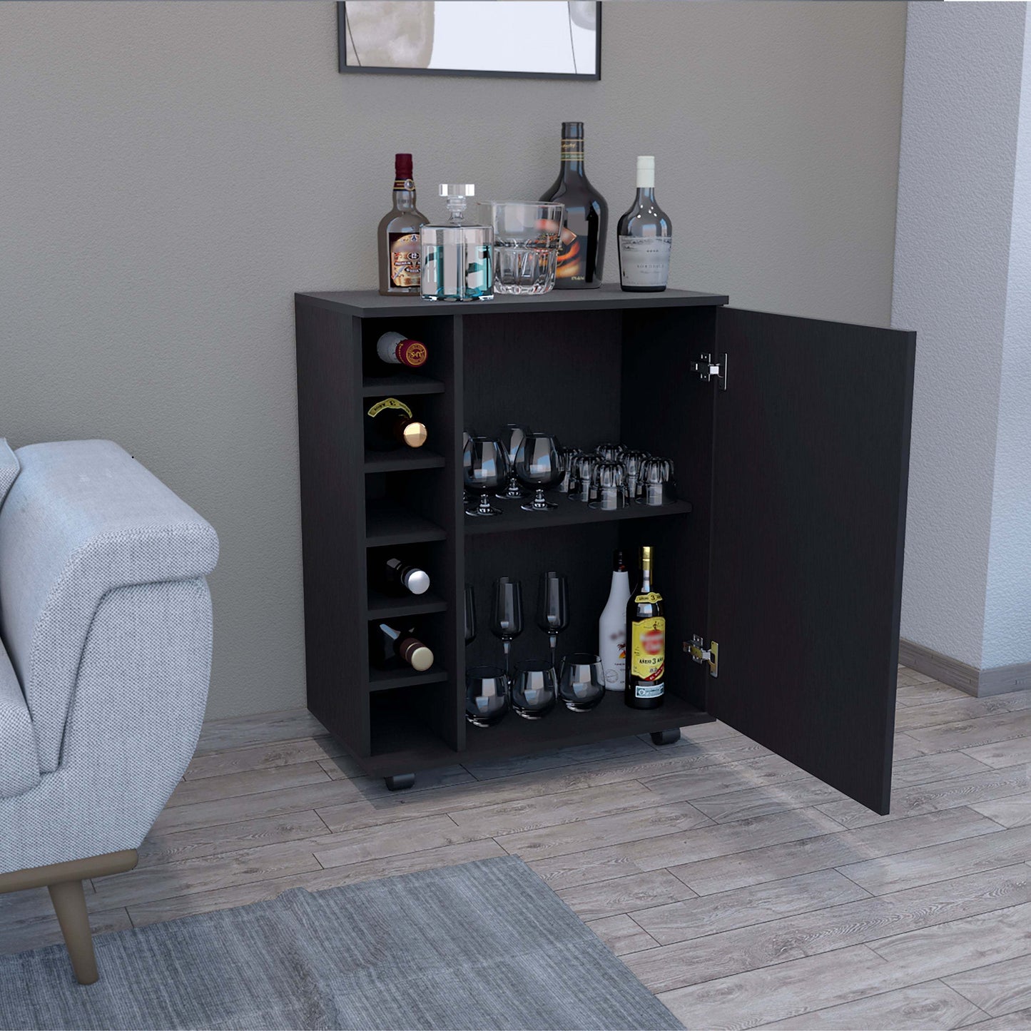 Halina Bar Cabinet With Wheels - Black