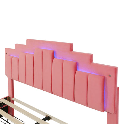 Neco Queen Size Platform Bed with LED and 4 Drawers - Pink