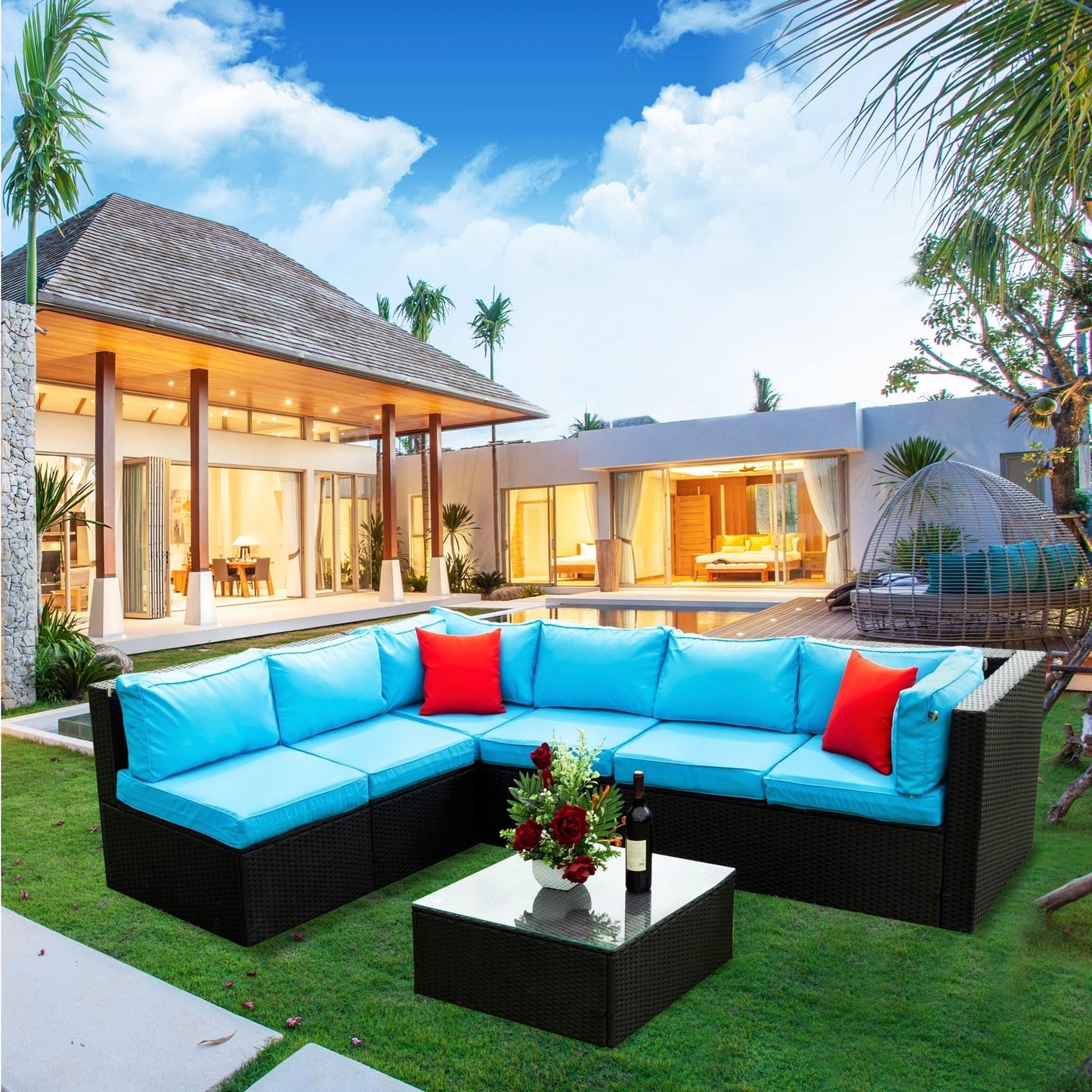 Russo 5 Pc Outdoor Patio Rattan Sectional Sofa Set - Black+Blue