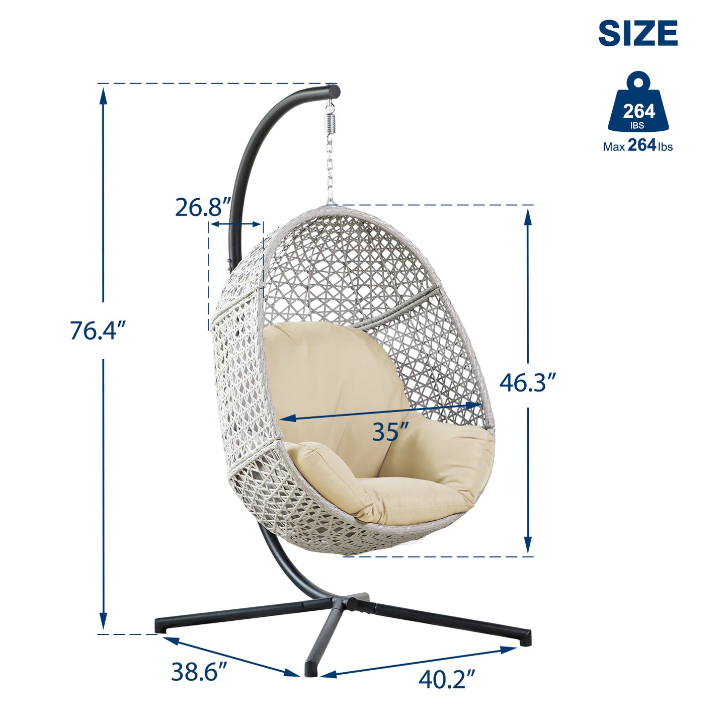 Rosa Large Hanging Egg Chair with Stand & UV Resistant - Beige