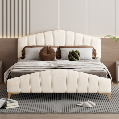 ZuZu Queen Size Velvet Platform Bed with Metal Bed Leg - Beige