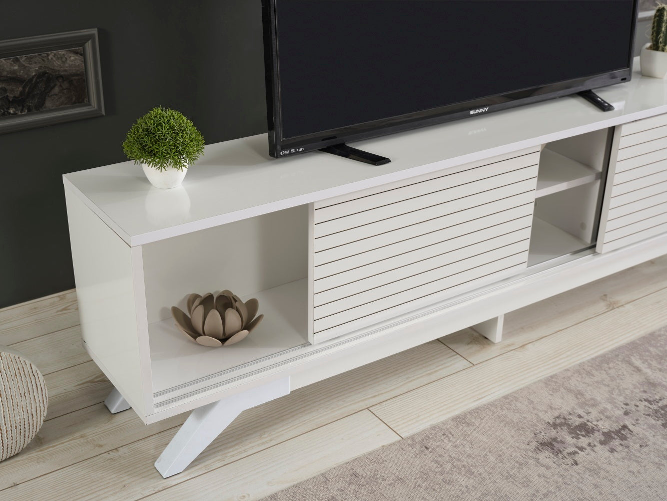 Luxia Mid Century Modern TV Stand 2 Sliding Door- White