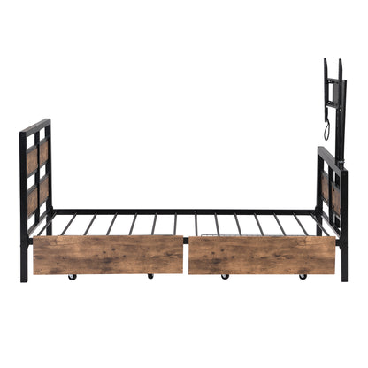 Rosy Twin Size Metal Platform Bed w Rotatable TV Stand - Black