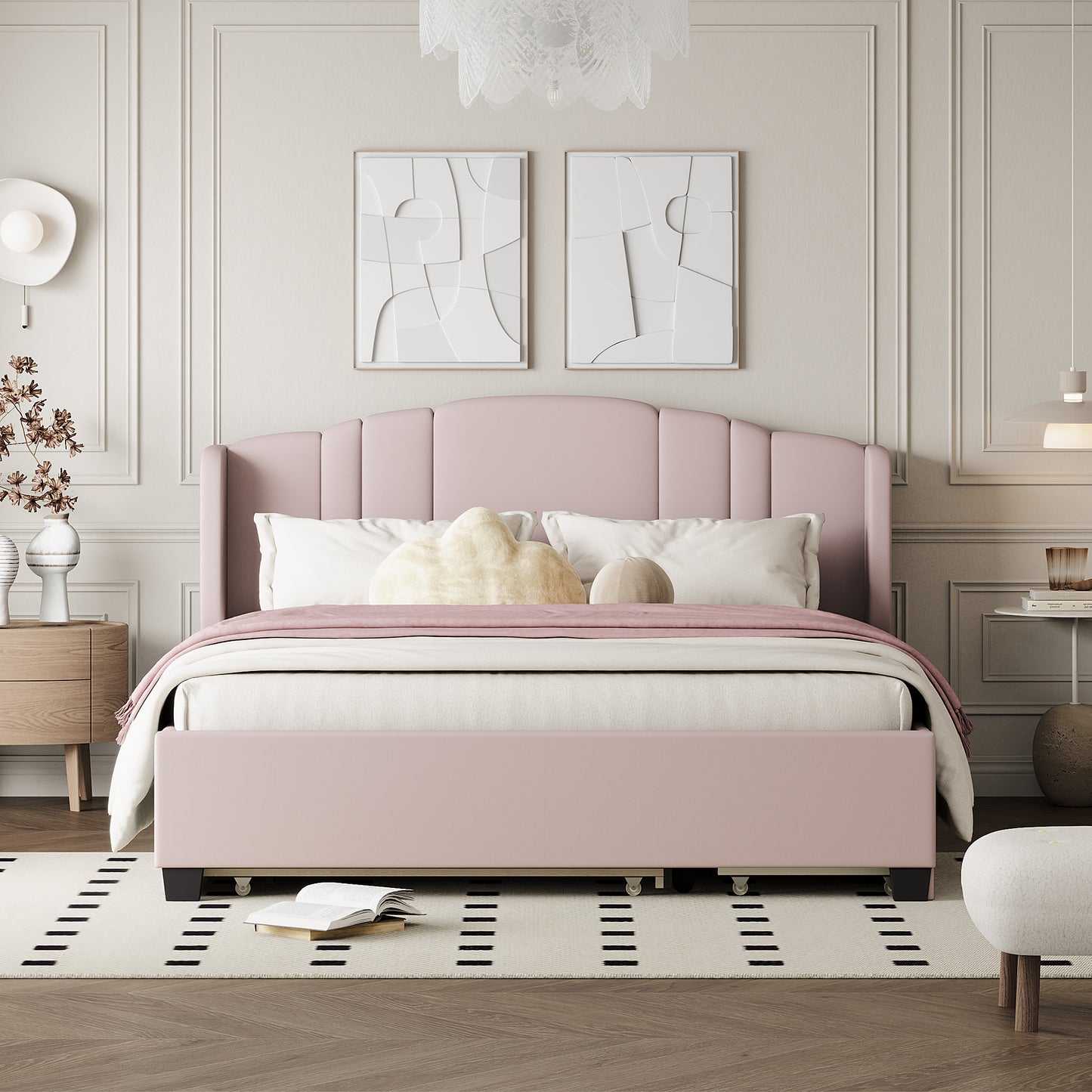 Mali Queen Size Platform Bed with Wingback Headboard - Pink