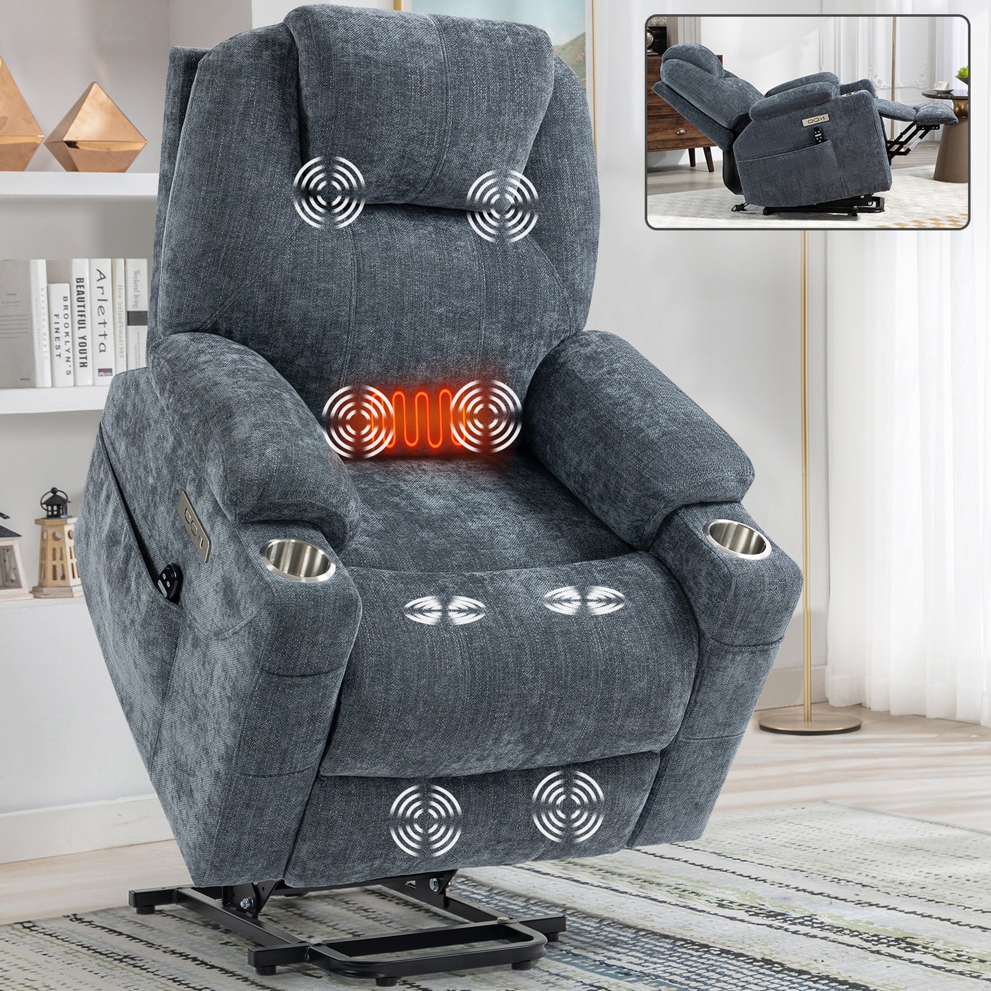 Okin Power Lift Chenille Recliner with Massage & Heat - Blue