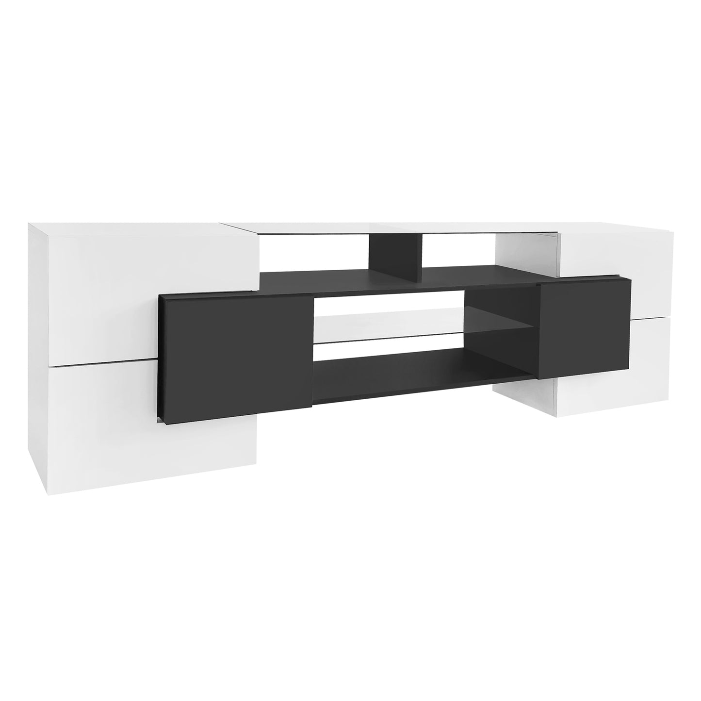 Trax TV Stand with 2 Illuminated Glass Shelves - White+Black