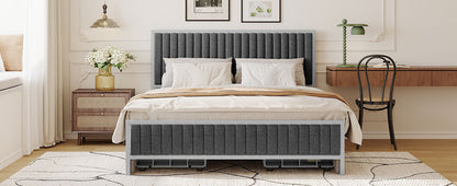 Maza Queen Size Metal Frame Upholstered Bed w Drawers - Gray