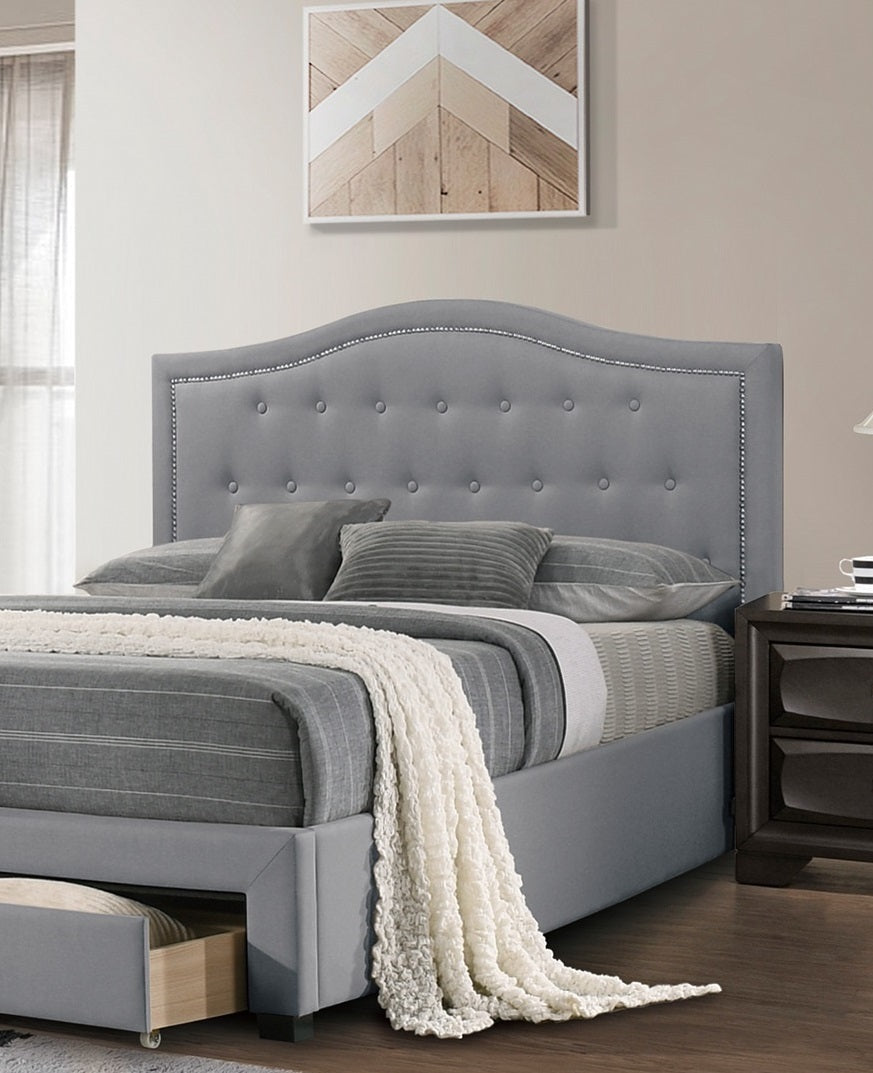 Imani Queen Size Bed w Drawer Button Tufted - Light Grey