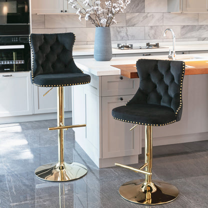 Stellar Golden Swivel Velvet Barstools Adjusatble Height - Black Set of 2