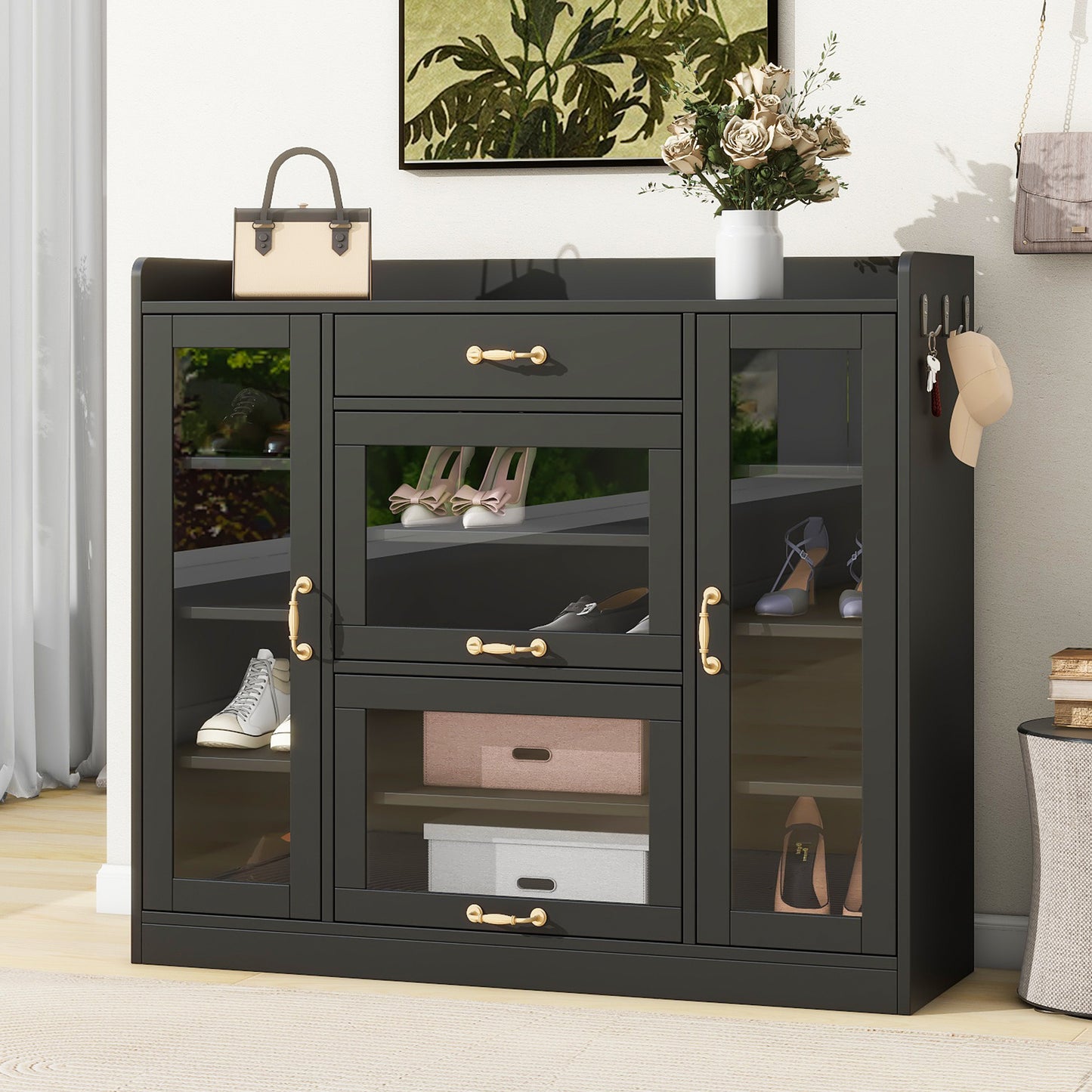 Karo Side Cabinet with 4 Glass Doors - Black