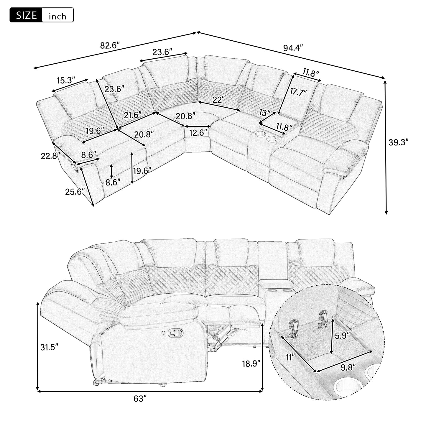 Ashira Manual Recliner Sofa Chairs with Storage - Black