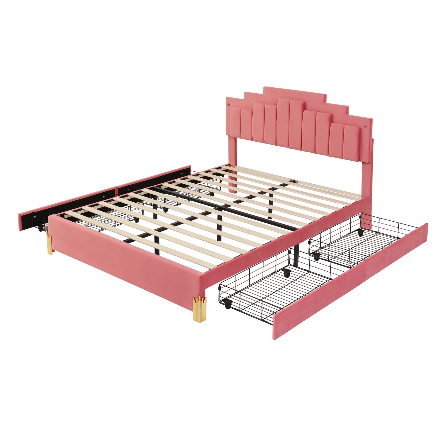 Neco Queen Size Platform Bed with LED and 4 Drawers - Pink