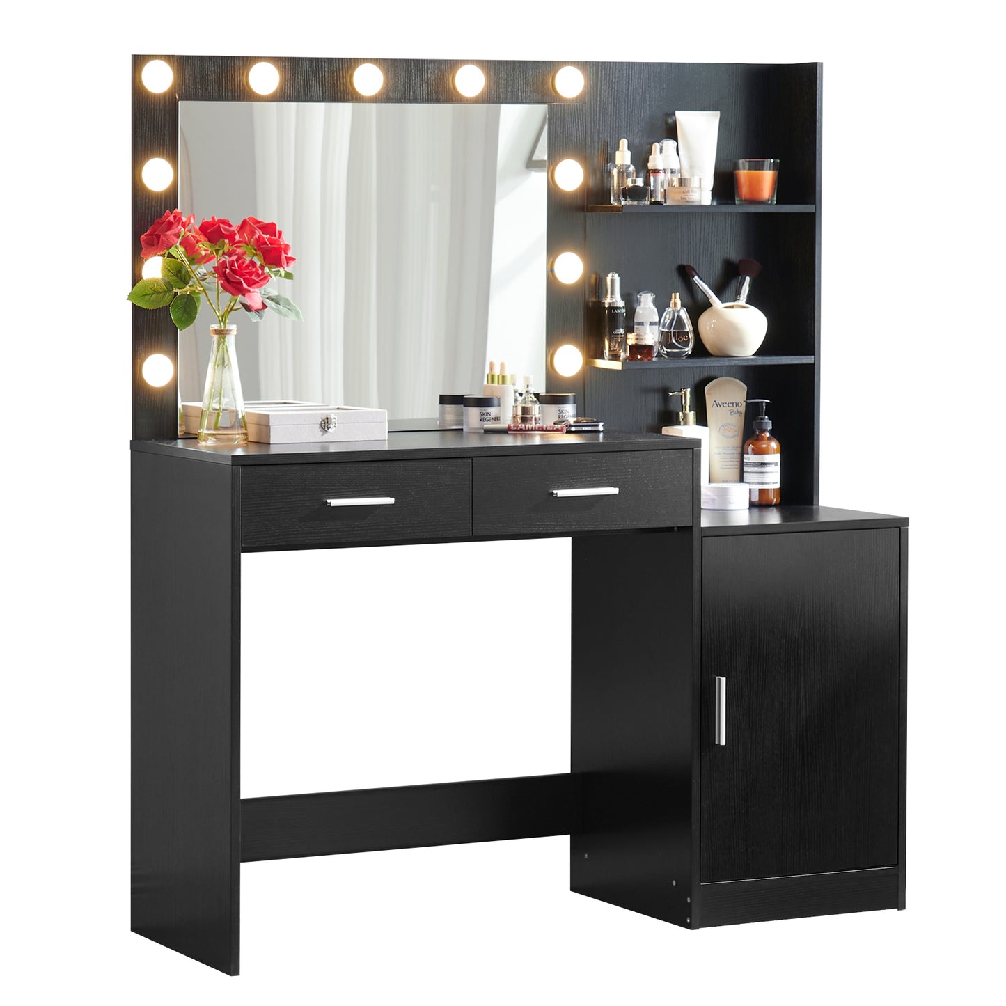 Melanie Vanity Desk with Mirror and Lights - Black