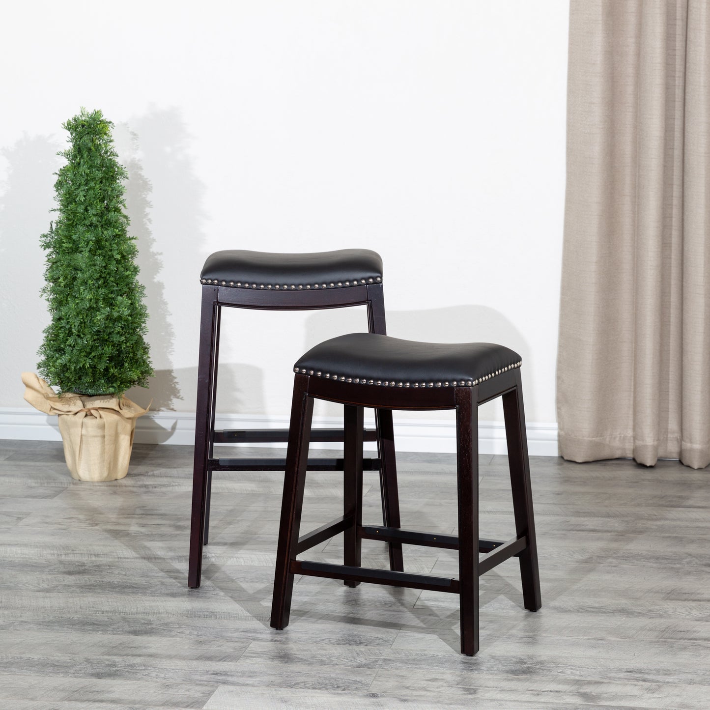 30" Bar Stool, Espresso Finish, Black Leather Seat