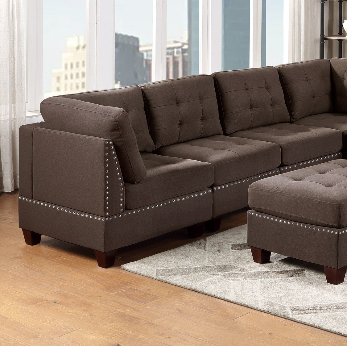 Eleni Modular Sectional 9pc Set  3x Corner Wedge 4x Armless Chairs and 2x Ottomans - Coffee