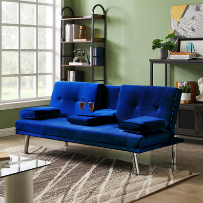 Devo Velvet Upholstered  Convertible Folding Futon Sofa Bed - Blue