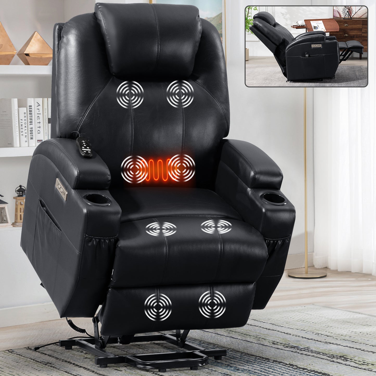 Adell Power Lift Recliner Chair with Heat and Massage - Black