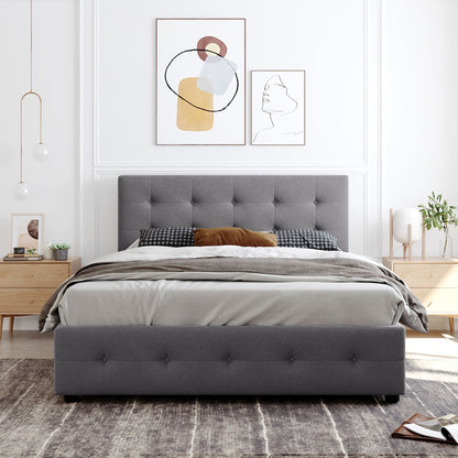 Draco Queen Size Platform Bed with 4 Drawers - Light Gray