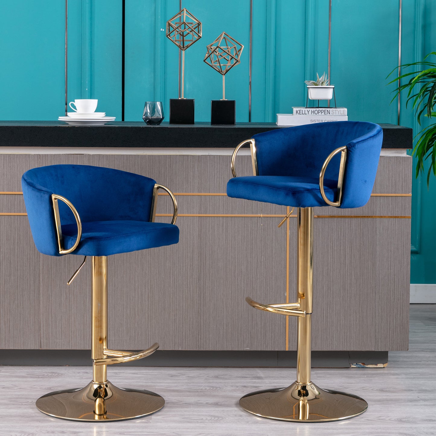 Echoes Velvet Swivel Bar Stools -  Navy Blue Set of 2