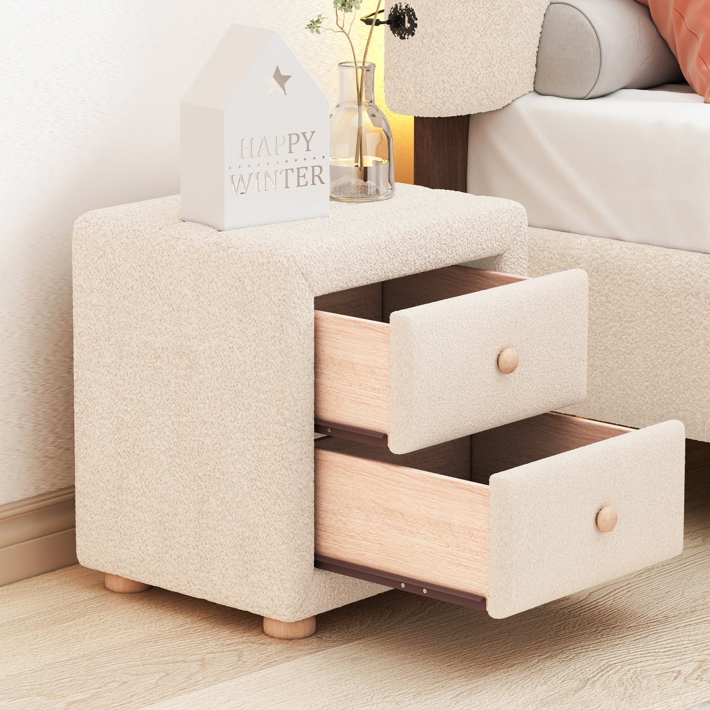 Teddy Fleece Nightstand with 2 Drawers - Beige