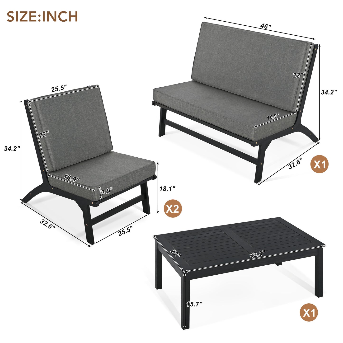 4 Pc Acacia Solid Wood Outdoor Seats Set - Black+Gray