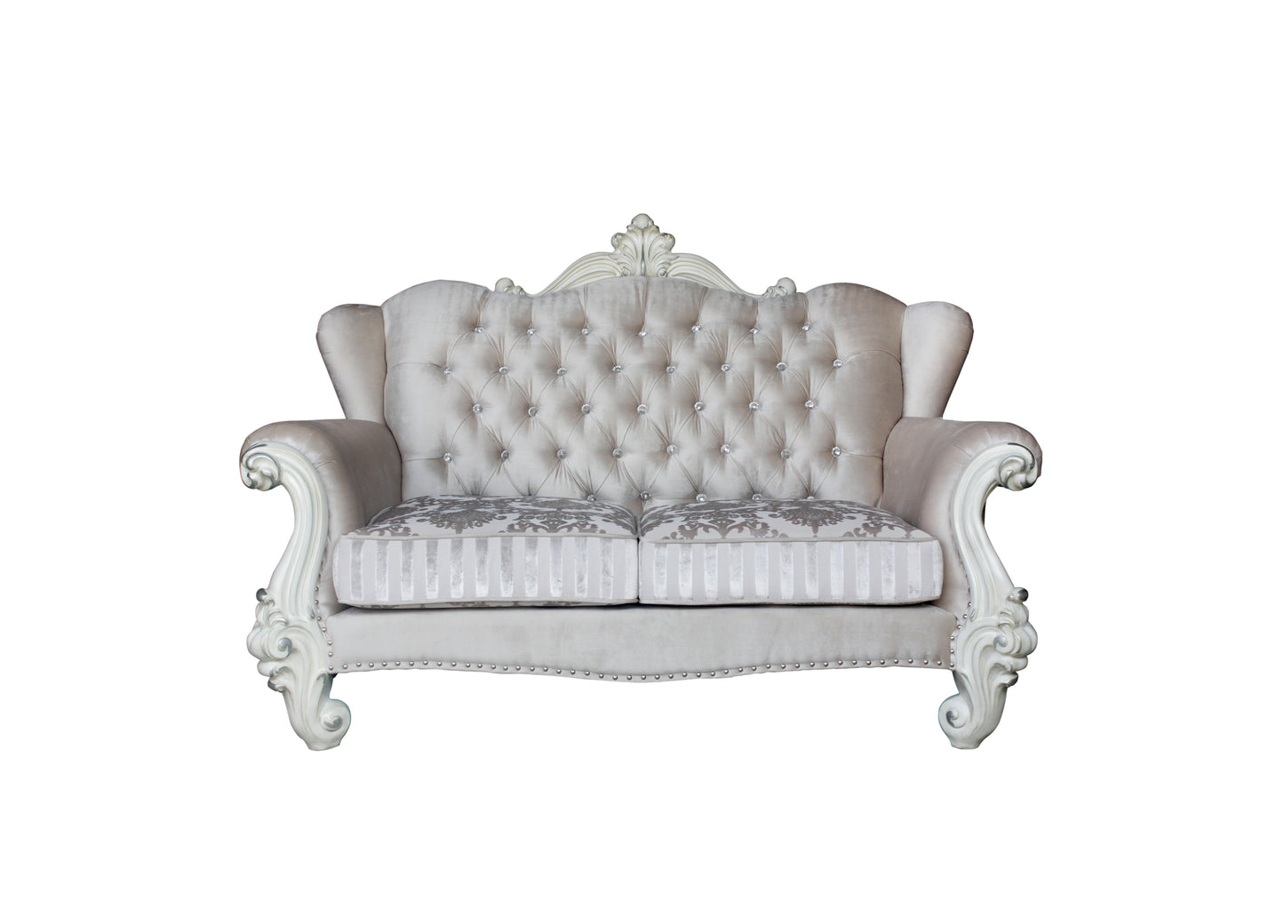 Versailles Velvet Loveseat w/3 Pillows in Ivory