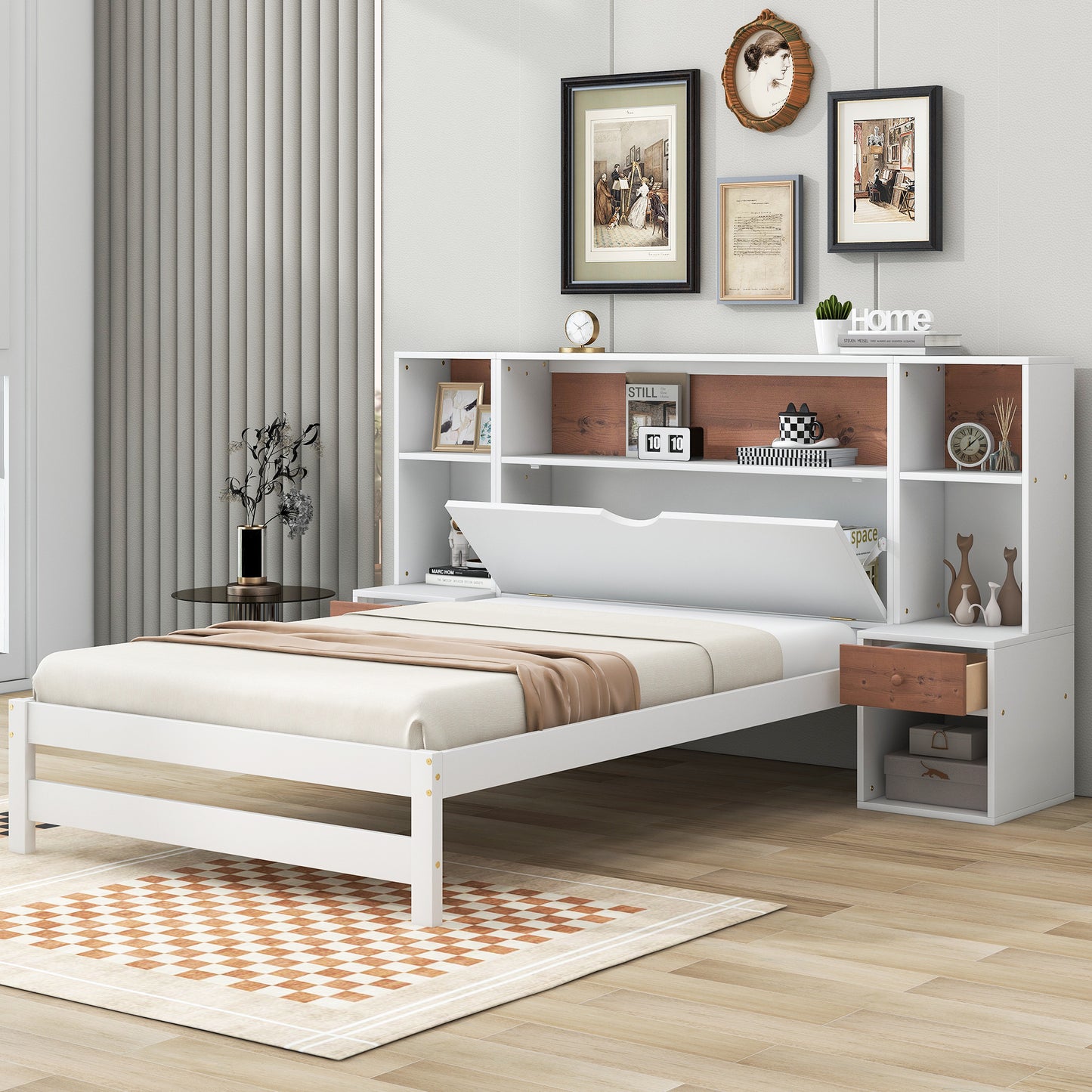 Jo Twin Size Platform Bed w Storage Headboard and Drawers - White