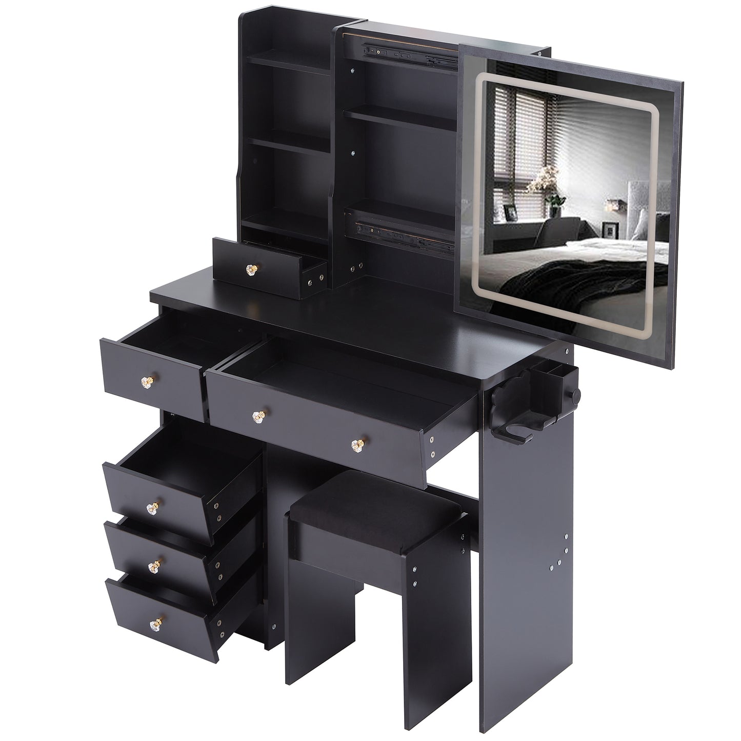 Yano Makeup Vanity Desk Set with LED Sliding Mirror - Black