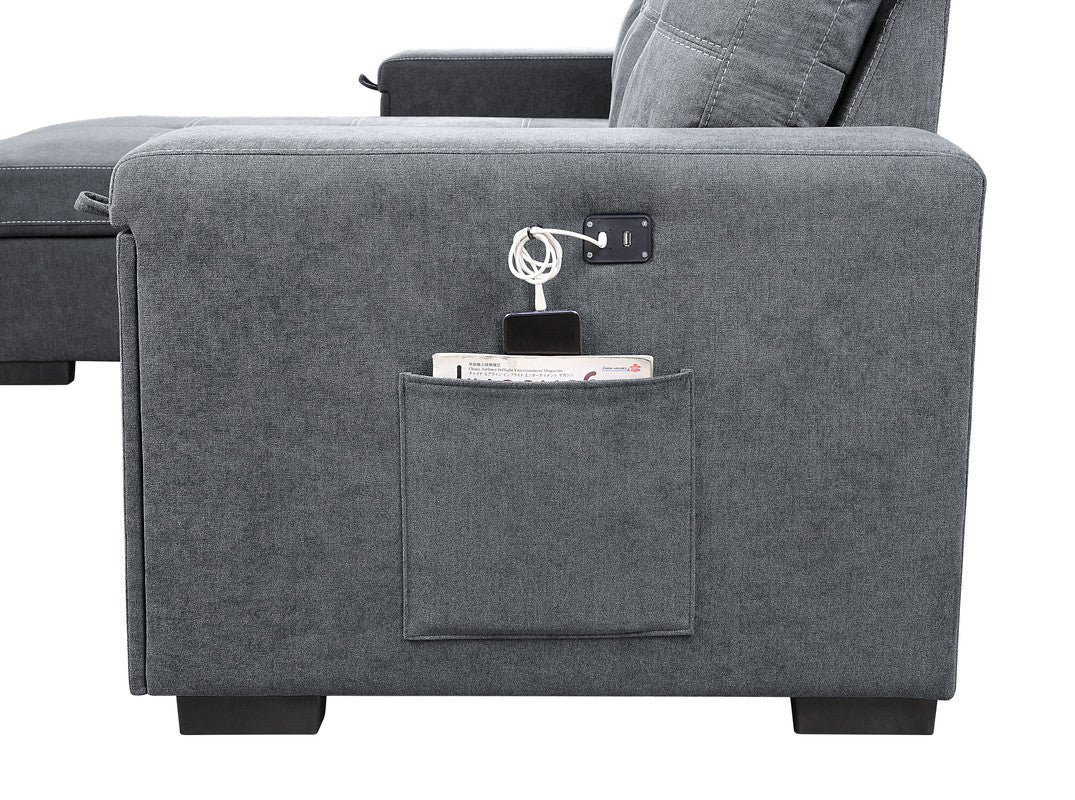 Toby Woven Fabric Reversible Sleeper Sectional Sofa with Storage Chaise Cup Holder USB Ports and Pockets - Gray