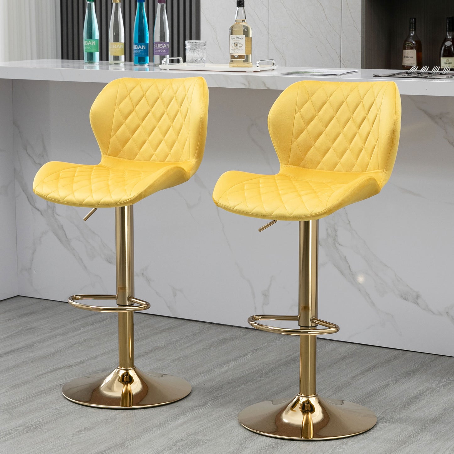 Beatrice Velvet Adjustable Swivel Bar Stool - Yellow Set Of 2