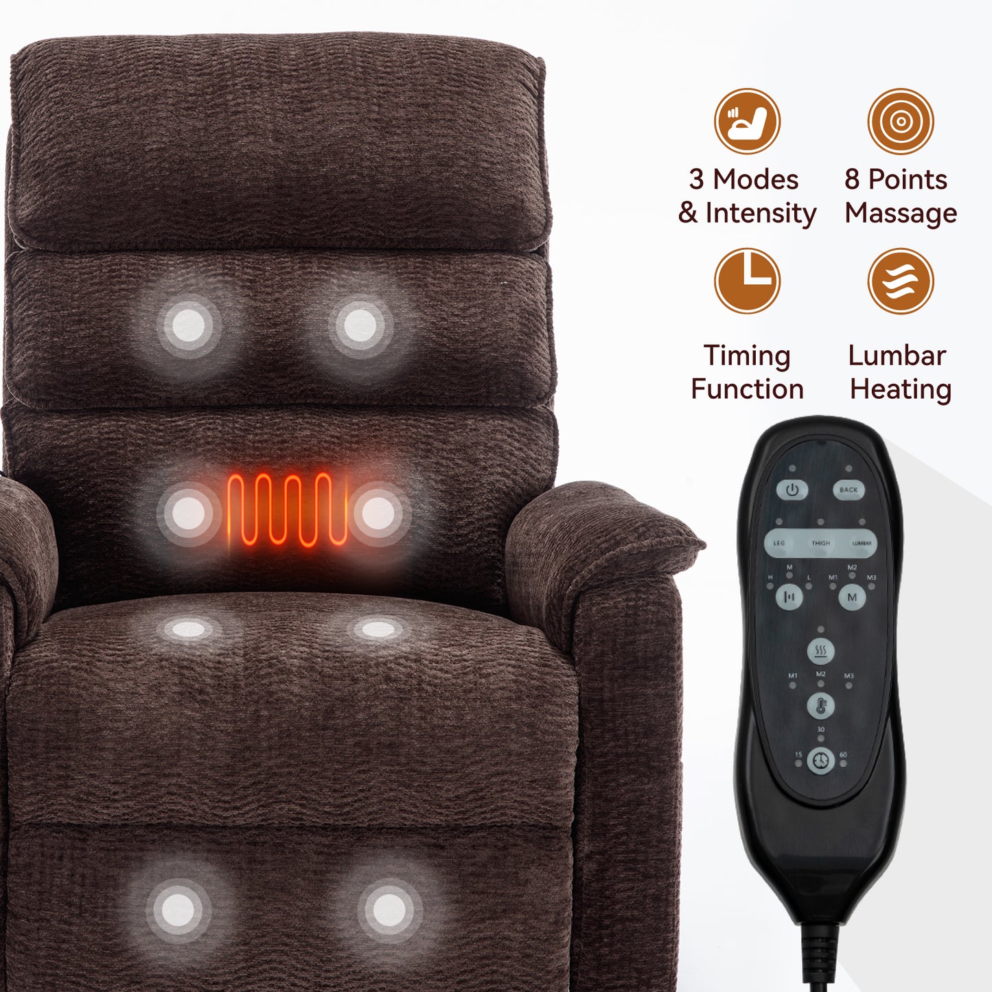 Hannah Power Lift Chenille Recliner Chair with Heat Massage - Brown