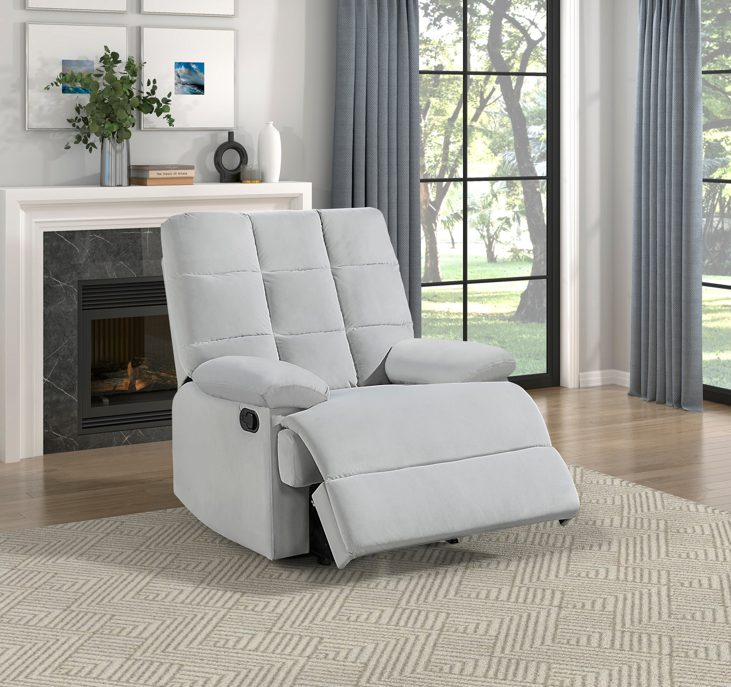 Ora Velvet Upholstery Square Tufted Recliner - Light Gray