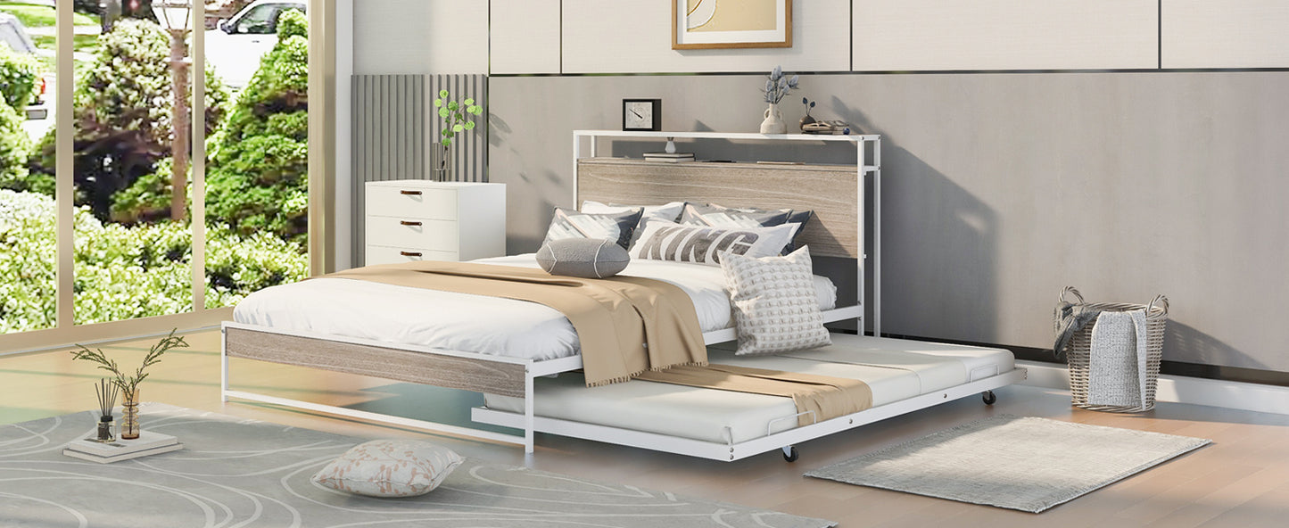 Draven Queen Size Metal Platform Bed Frame with Trundle - White