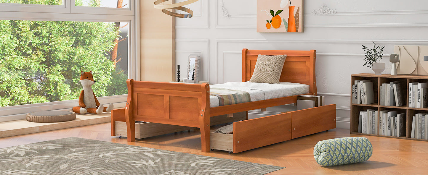 Meg Twin Size Wood Platform Bed with 4 Drawers - Oak