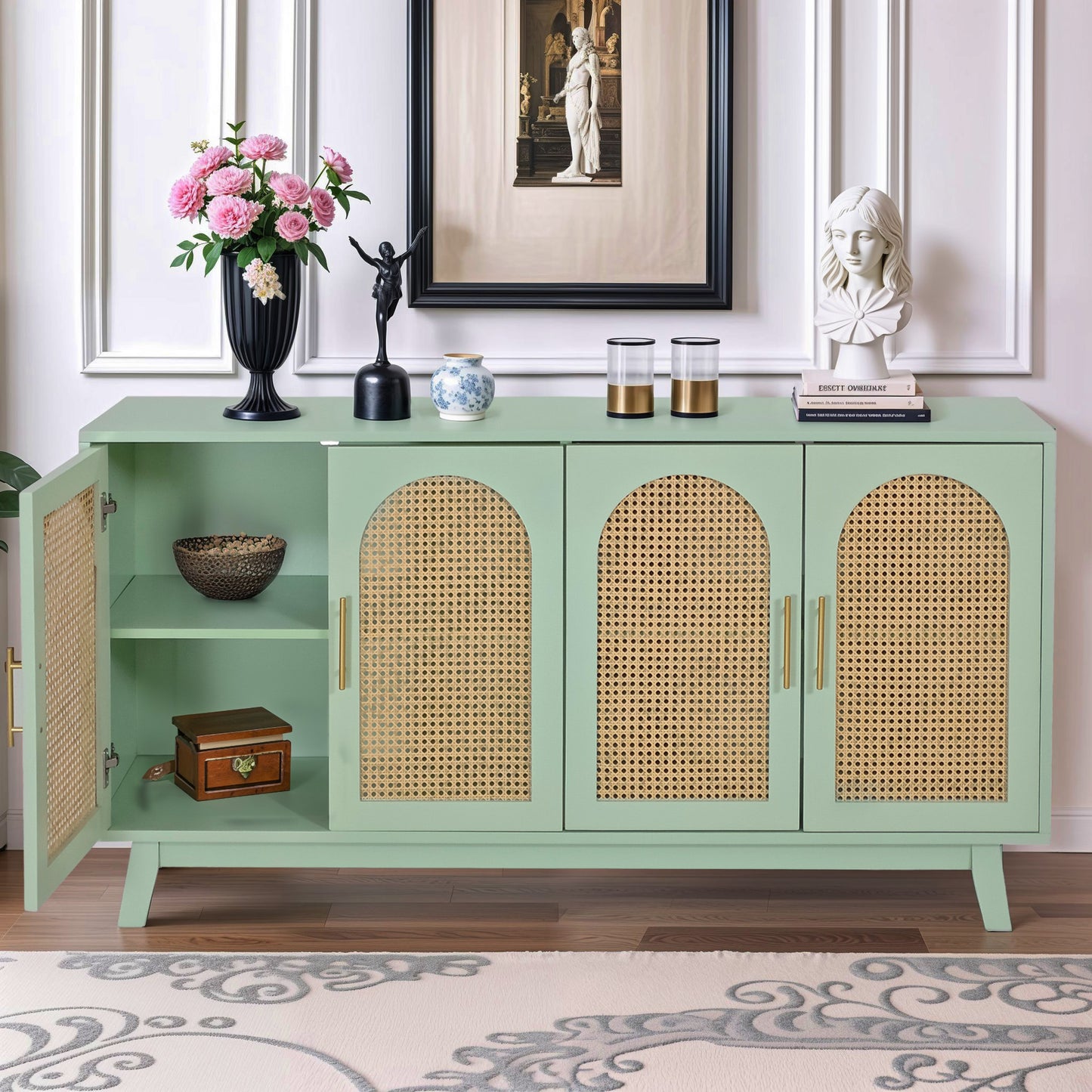 Xenia 4-Door Cabinet with Rattan - Mint Green