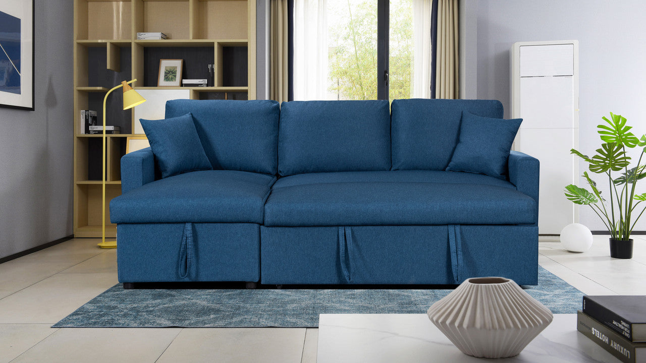 Paisley Linen Fabric Reversible Sleeper Sectional Sofa with Storage -  Blue