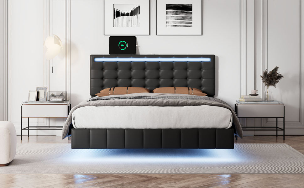 Marc Full Size Floating Bed Frame with LED - Black