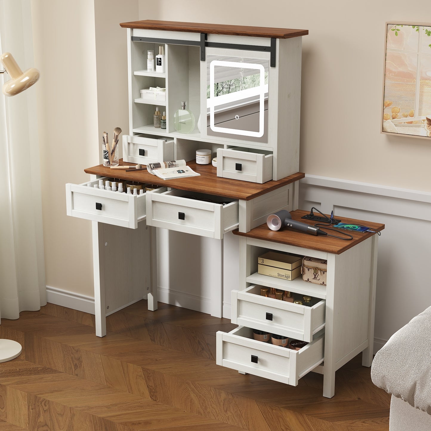 Alma Vanity Table Set with Side Cabinet and Cushioned Stool