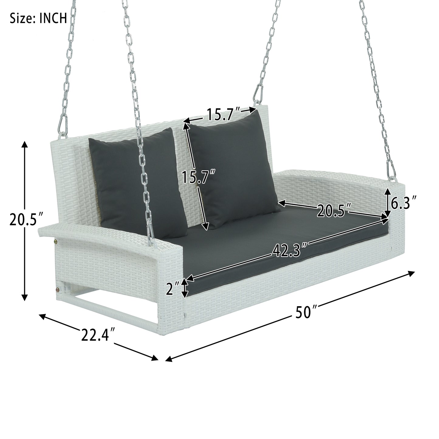 Paz2-Person Wicker Hanging Porch Swing (White Wicker, Gray Cushion)