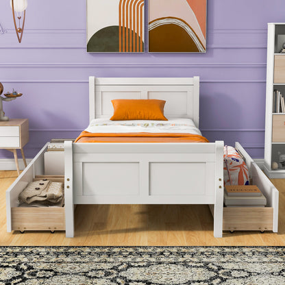 Meg Twin Size Wood Platform Bed with 4 Drawers - White