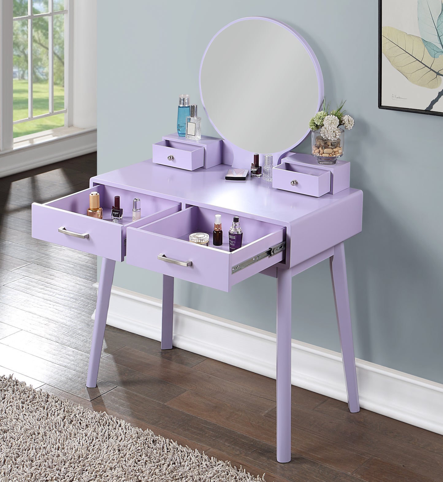 Liannon Wood Vanity and Stool Set - Purple