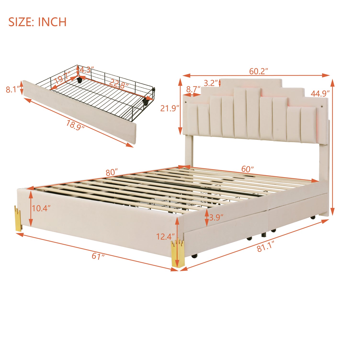 Neco Queen Size Platform Bed with LED and 4 Drawers - Beige