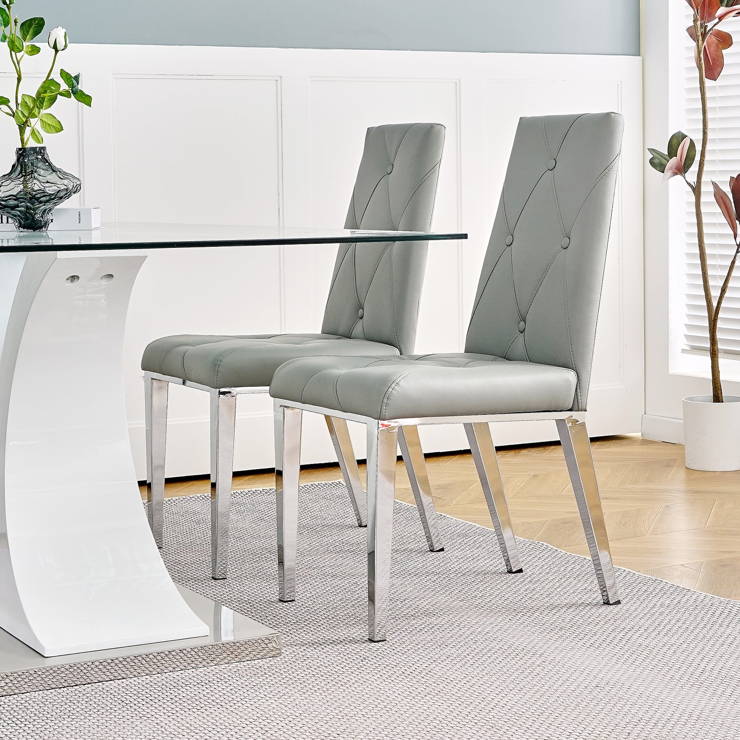 Valerio Pu Dining Chairs with Chrome Leg (Set of 2) - Gray