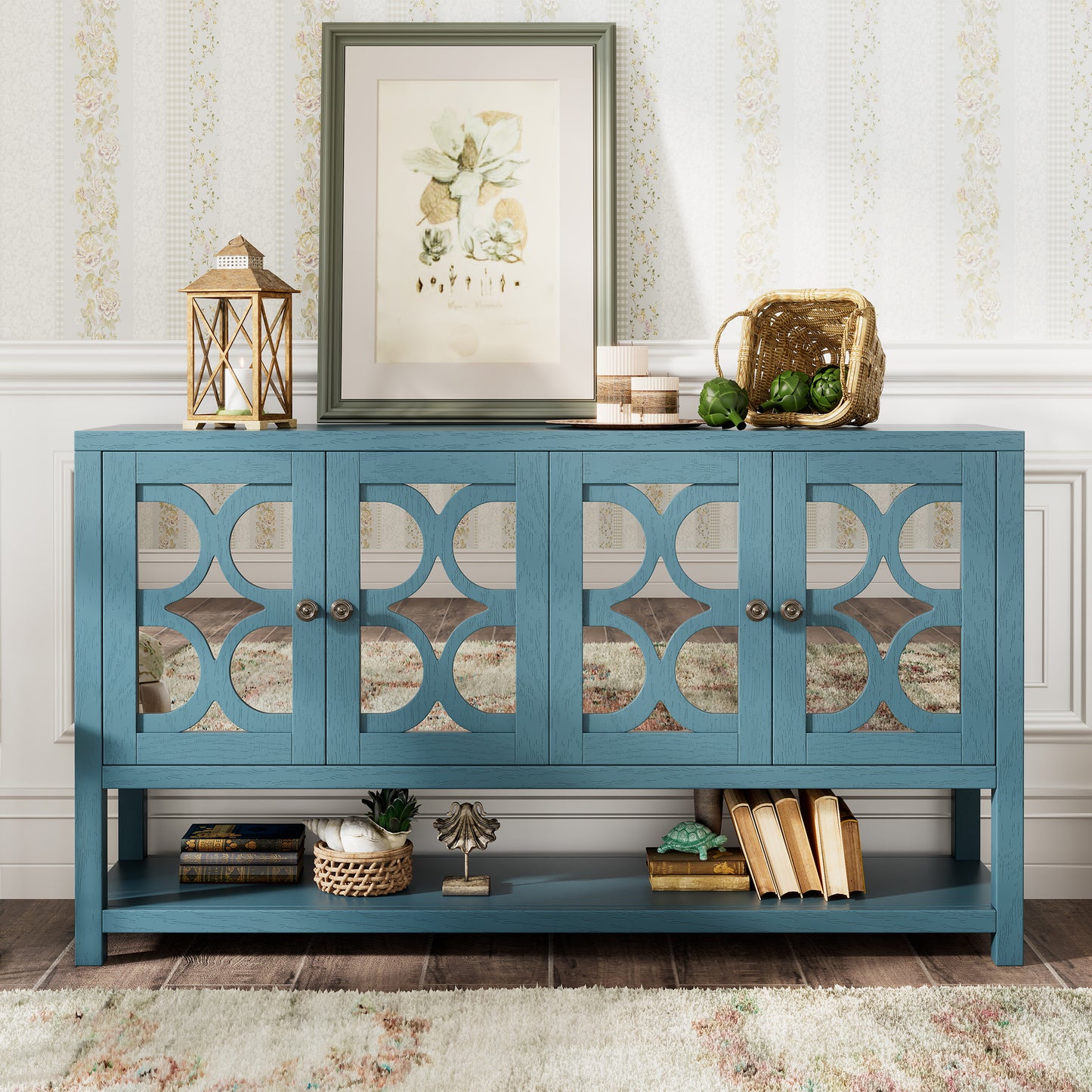 Stasia Sideboard Buffet with Mirrored Doors - Navy Blue