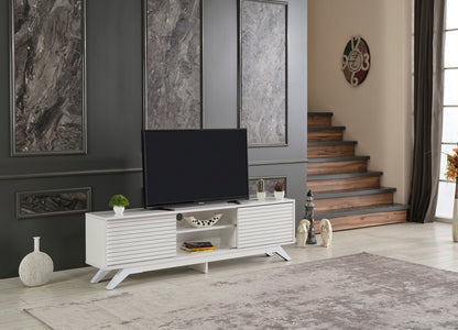 Luxia Mid Century Modern TV Stand 2 Sliding Door- White